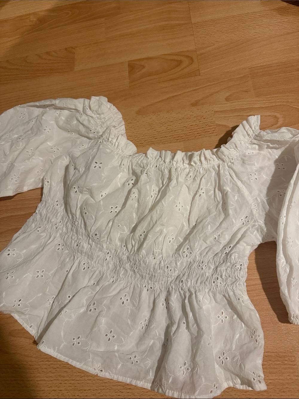 Zara White Eyelet Smocked Off-Shoulder Blouse